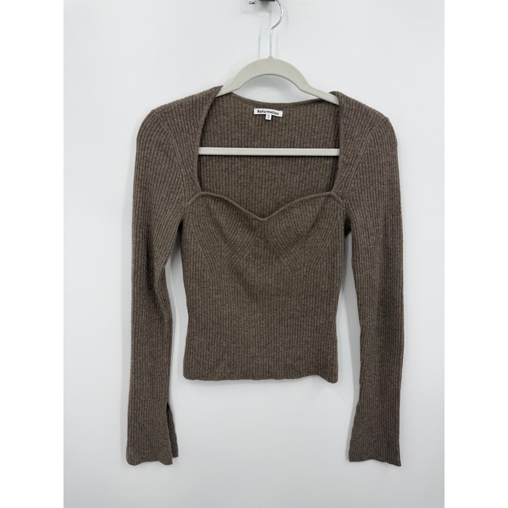 Reformation Glenna Sweetheart Sweater Womens Medium Brown Ribbed Cashmere Top